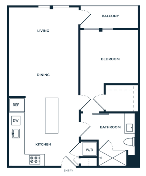Floor plan for 1 bed, 1 bath, 749 sqft